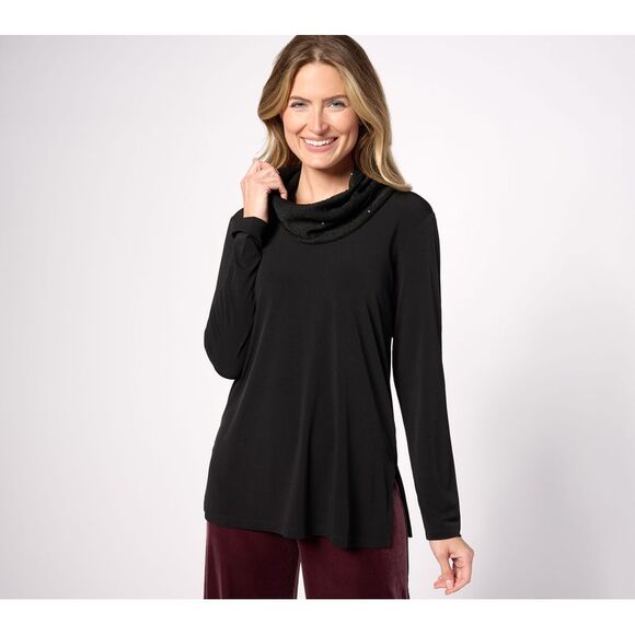 Susan Graver Women's Top Petite PL Liquid Knit Tunic with Sequin Black A623465 - Picture 1 of 4